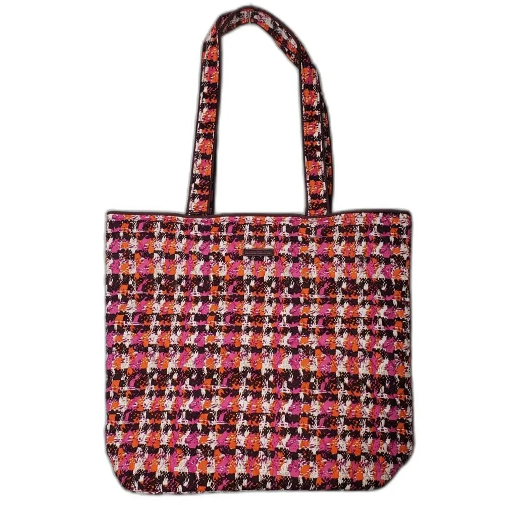 VERA BRADLEY Houndstooth Tweed Tote Pink Orange Quilted Cotton Handbag NEW